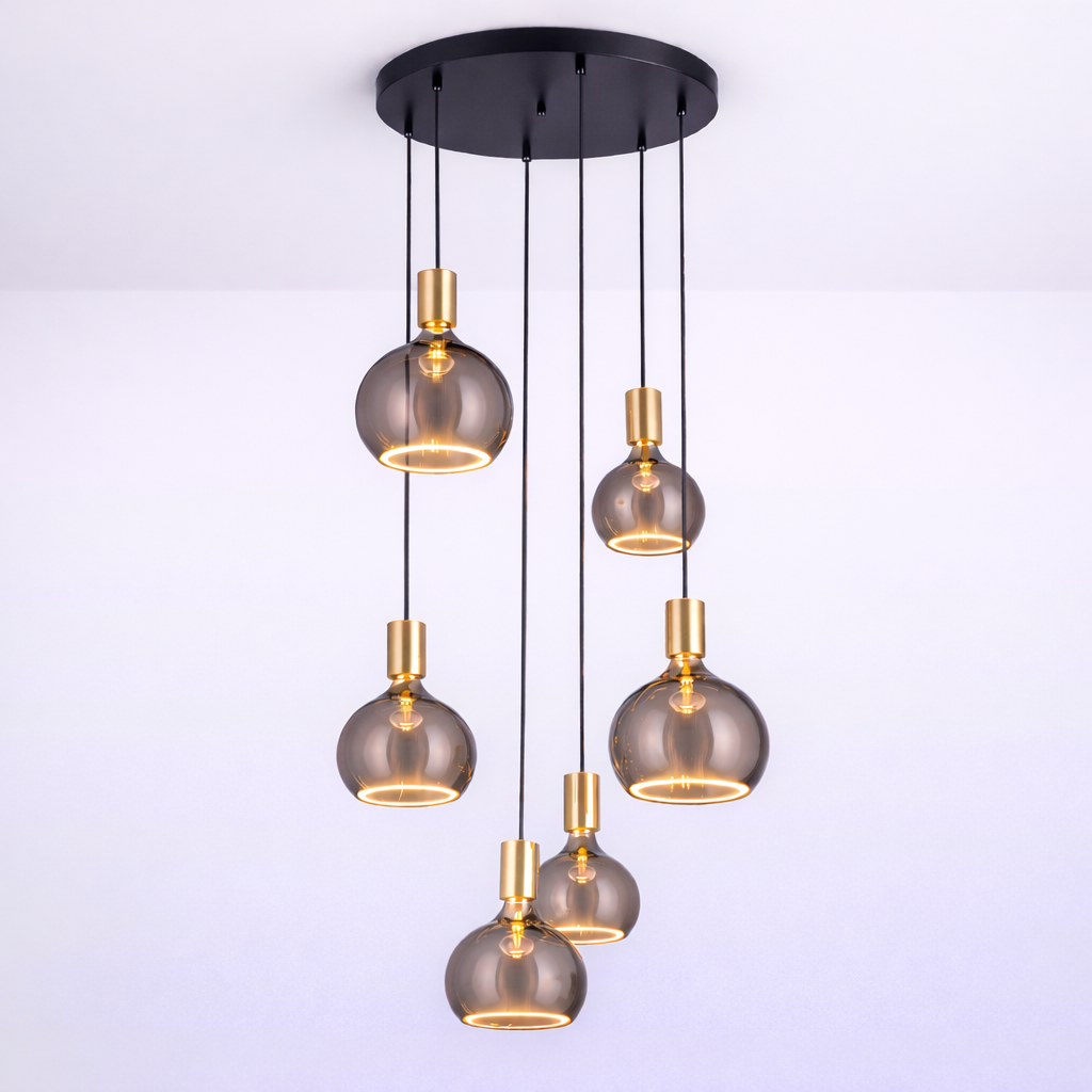 Roma 6lt spiral smoked glass pendant brushed gold