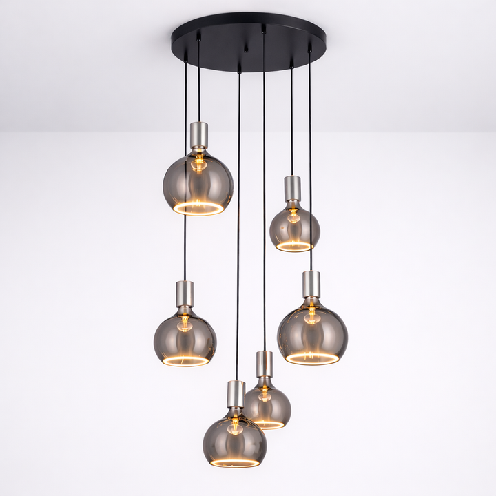 Roma 6lt spiral smoked glass pendant brushed silver