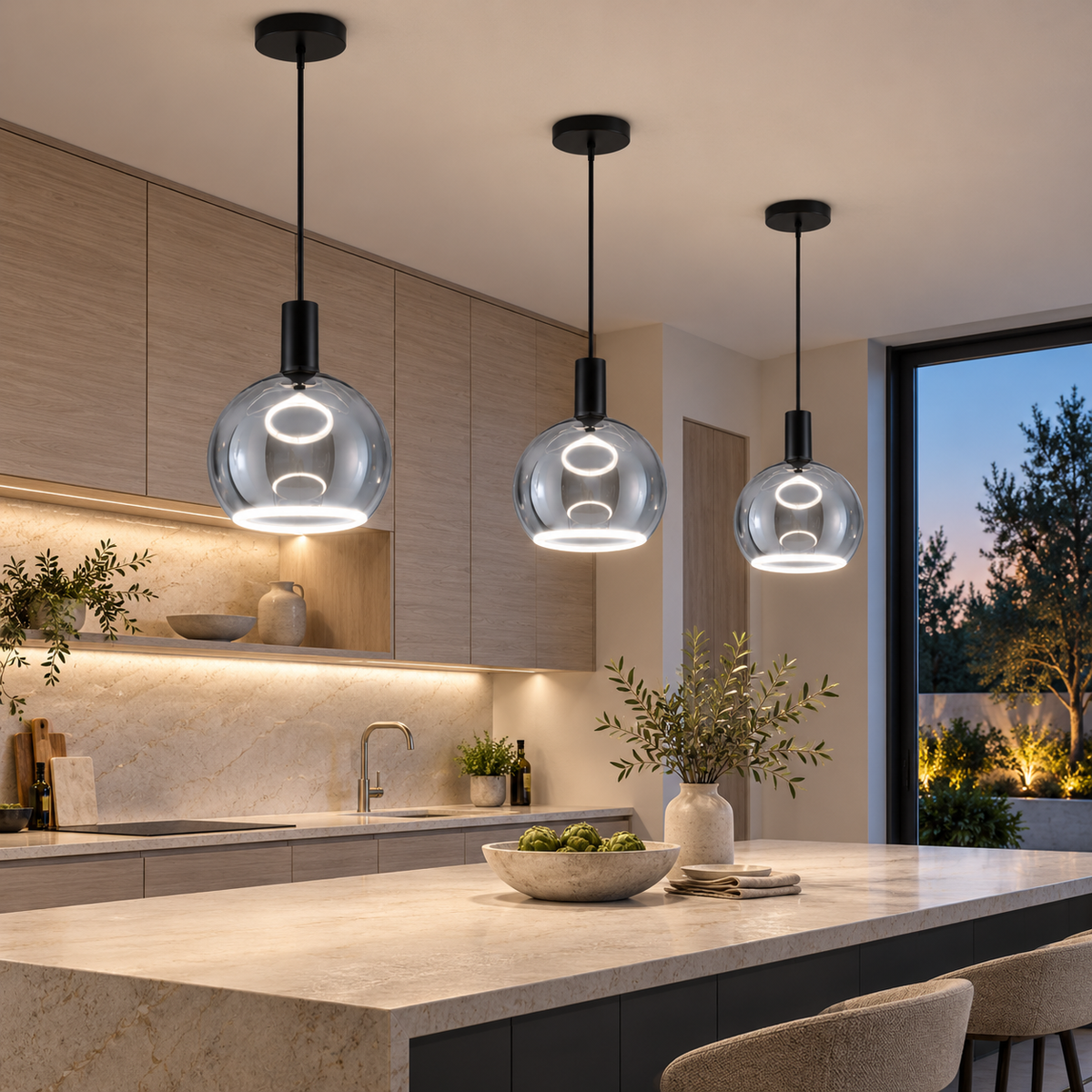 Three Roma black and graphite glass pendant lights with cool white halo rings above a quartzite island in a contemporary kitchen at dusk.
