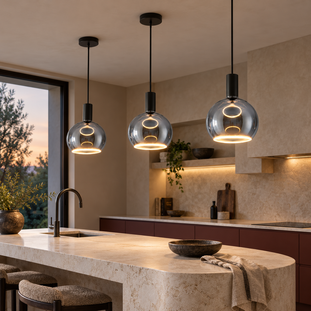 Three Roma black and grey glass pendant lights with warm halo rings above a limestone island in a burgundy kitchen at dusk
