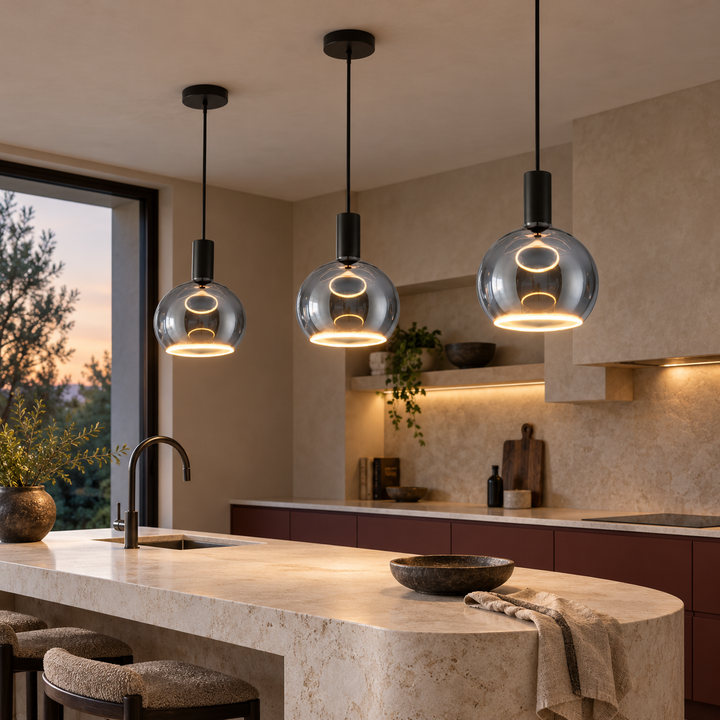 Three Roma black and grey glass pendant lights with warm halo rings above a limestone island in a burgundy kitchen at dusk