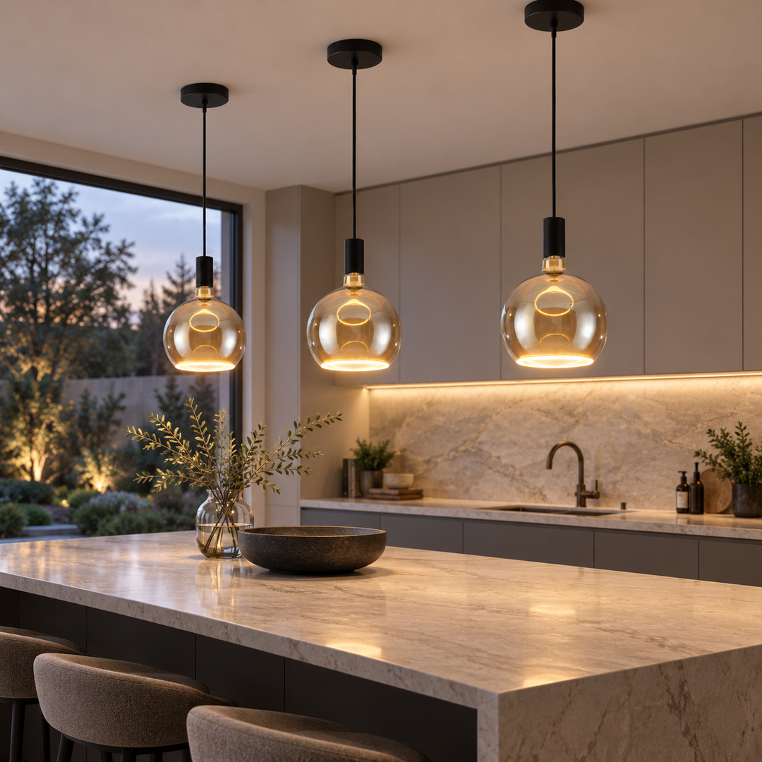 Three Roma black and smoked glass pendant lights with glowing halo rings above a stone kitchen island in a contemporary kitchen at dusk.