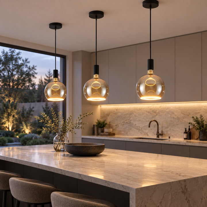 Three Roma black and smoked glass pendant lights with glowing halo rings above a stone kitchen island in a contemporary kitchen at dusk.