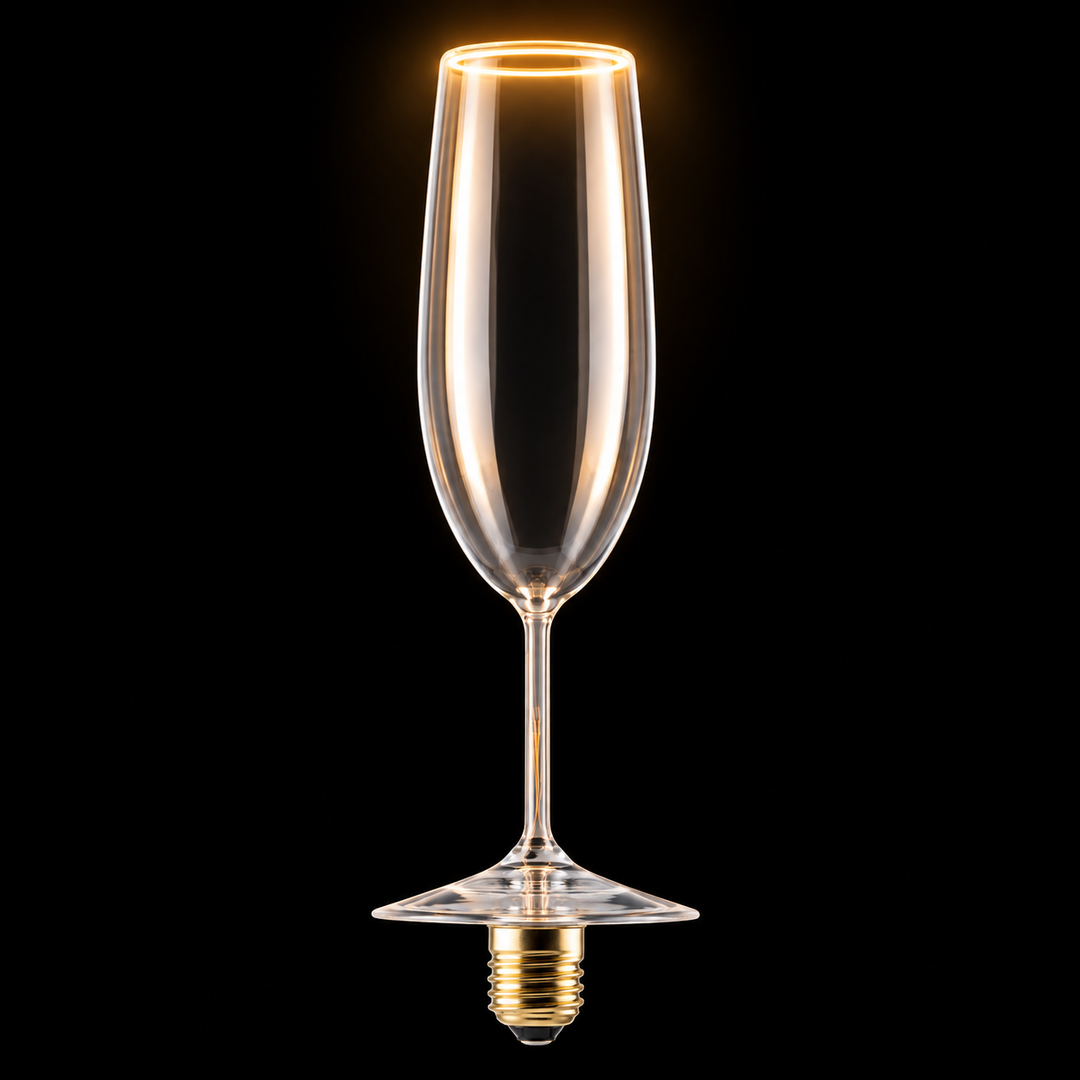 Roma champagne flute aura ring LED bulb with warm 2200K glow on a black background