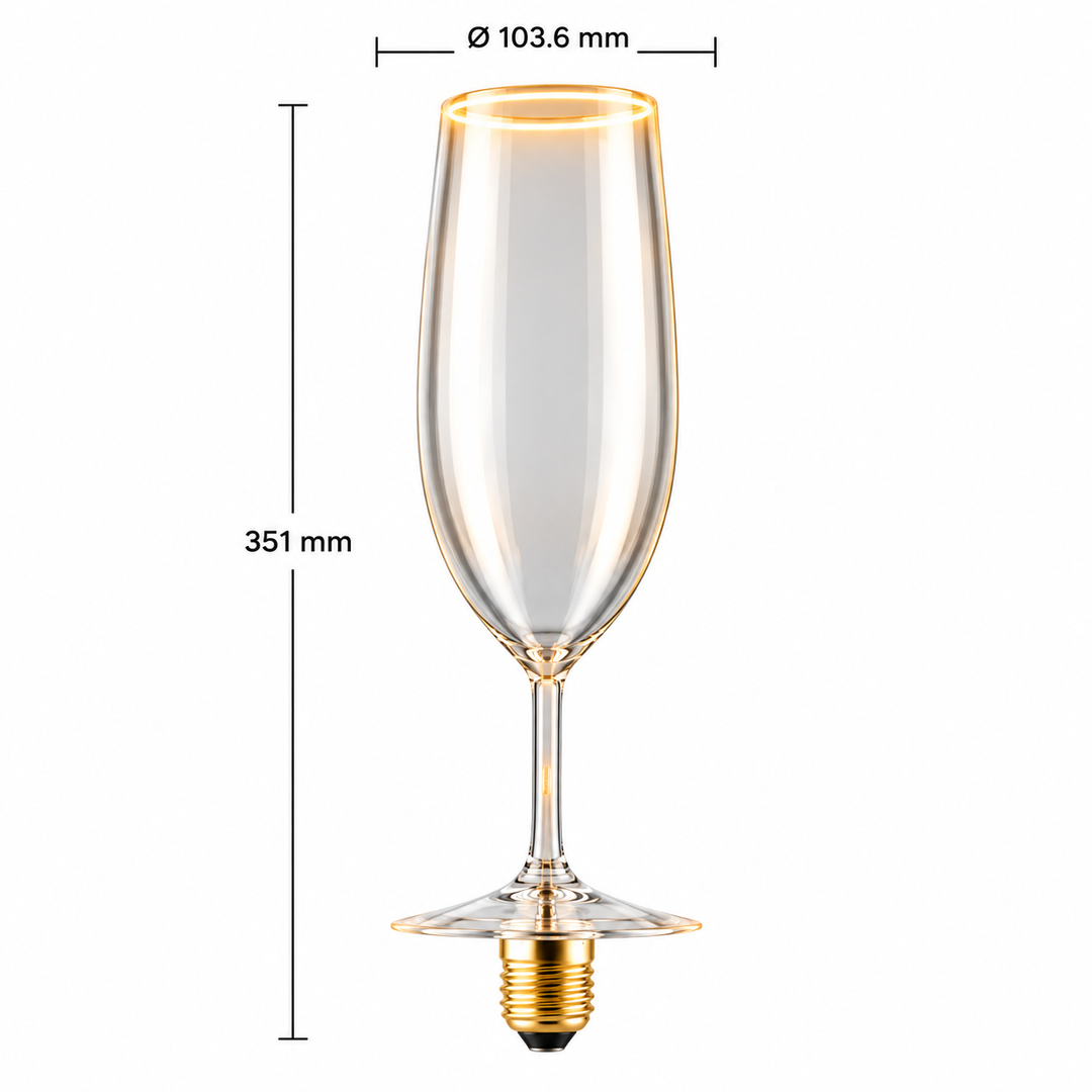 Roma champagne flute Aura Ring LED bulb dimensions image showing 351mm height and 103.6mm diameter with E27 screw fitting