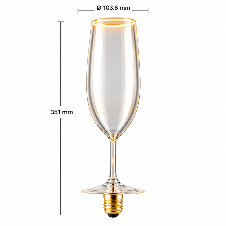 Roma champagne flute Aura Ring LED bulb dimensions image showing 351mm height and 103.6mm diameter with E27 screw fitting