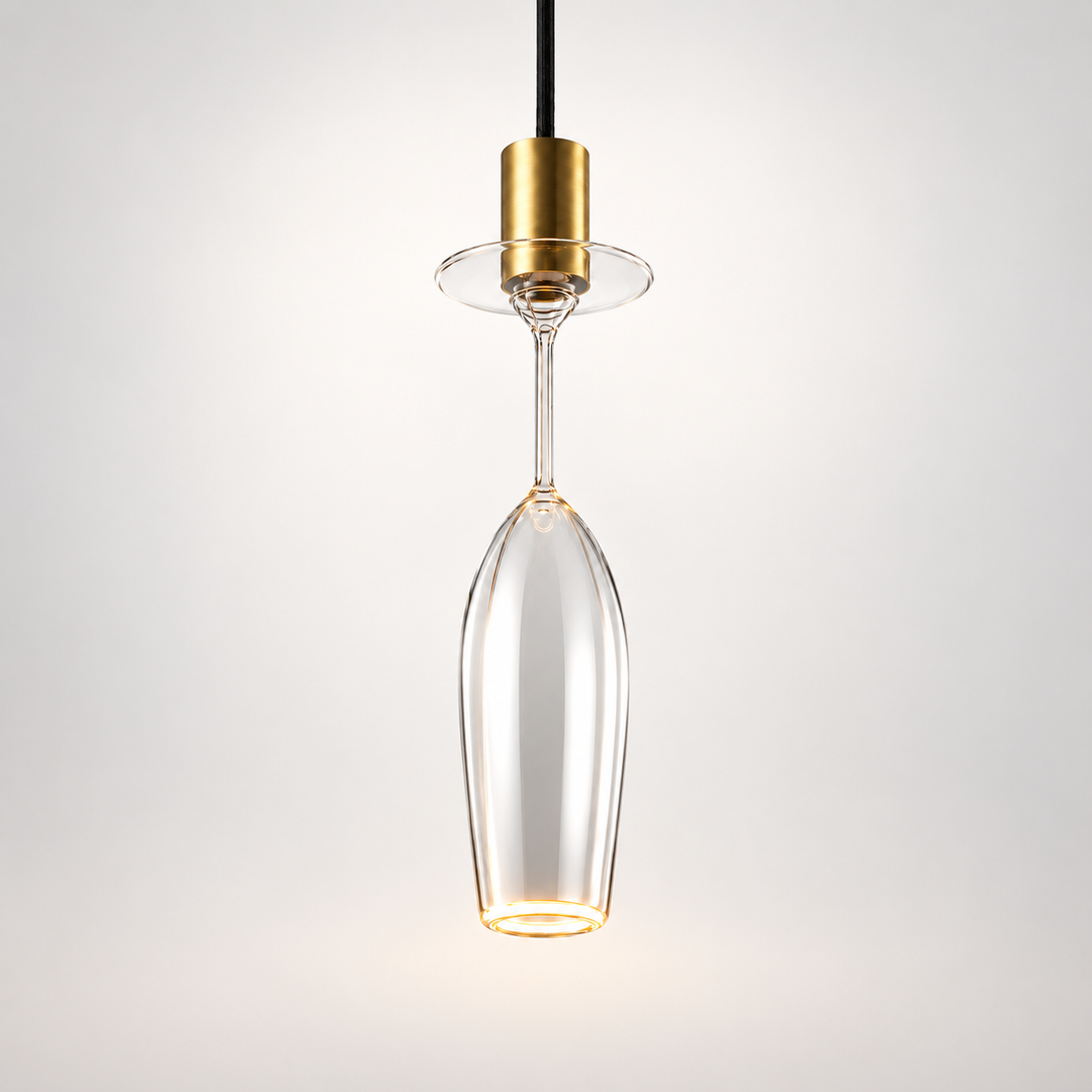 Roma champagne flute Aura Ring pendant light with gold cap, clear glass shade and warm 2200K illuminated rim