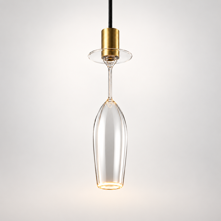 Roma champagne flute Aura Ring pendant light with gold cap, clear glass shade and warm 2200K illuminated rim