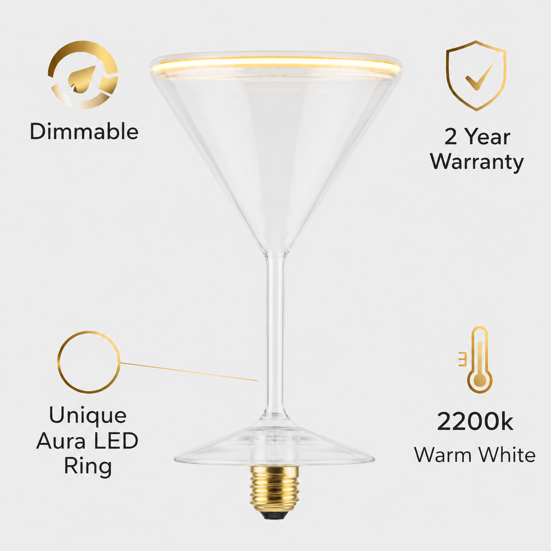 Roma cocktail glass aura ring LED bulb infographic showing dimmable function, 2 year warranty, unique Aura LED ring and 2200K warm white glow.