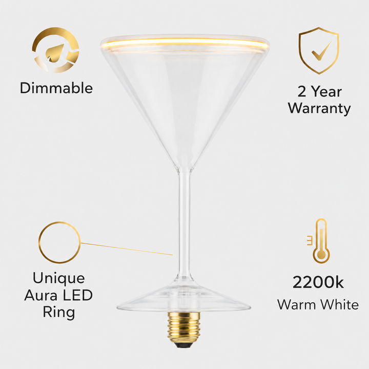 Roma cocktail glass aura ring LED bulb infographic showing dimmable function, 2 year warranty, unique Aura LED ring and 2200K warm white glow.