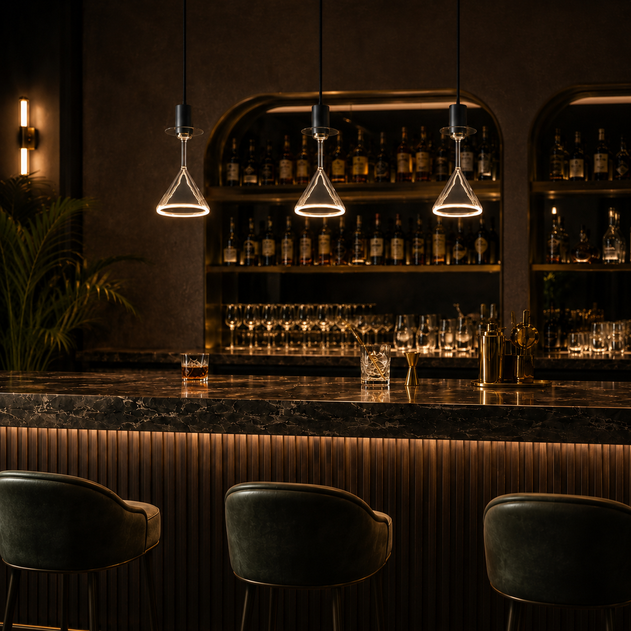 Roma cocktail glass aura ring pendant lights hanging in a row above a luxury cocktail bar with warm ambient lighting.