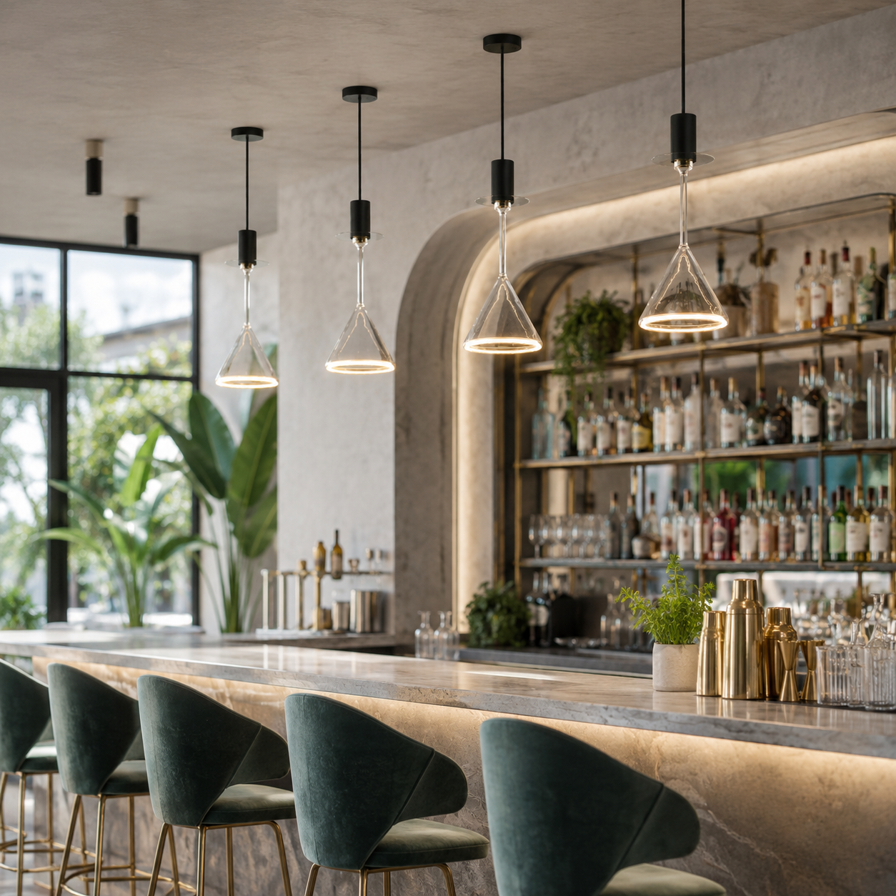 Roma cocktail glass aura ring pendant lights suspended in a row above a bright luxury bar with a marble counter in a daytime setting.