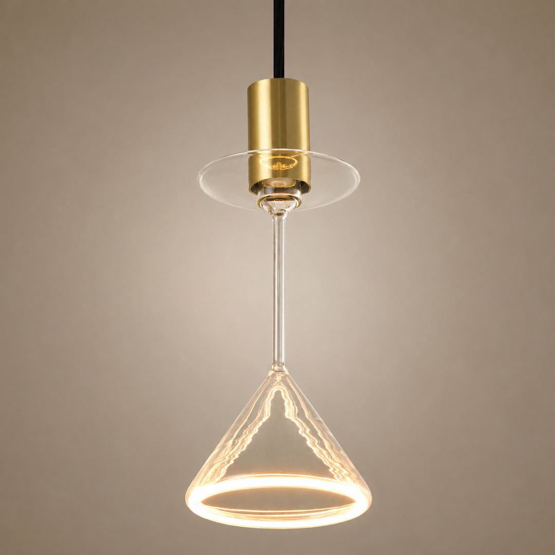 Roma cocktail glass aura ring pendant light with black suspension, gold cap and warm 2200K illuminated rim.