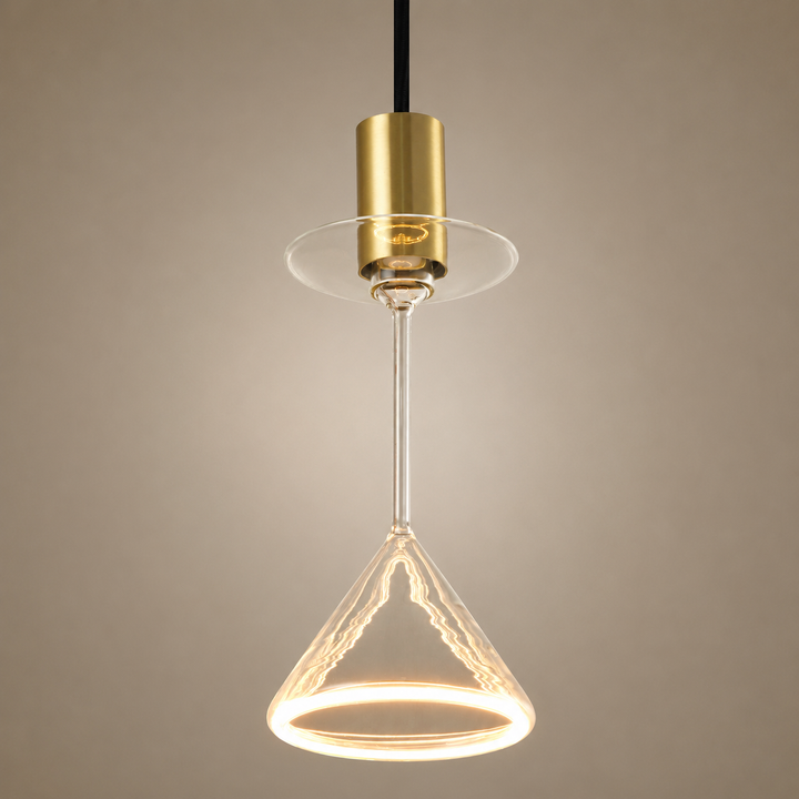 Roma cocktail glass aura ring pendant light with black suspension, gold cap and warm 2200K illuminated rim.