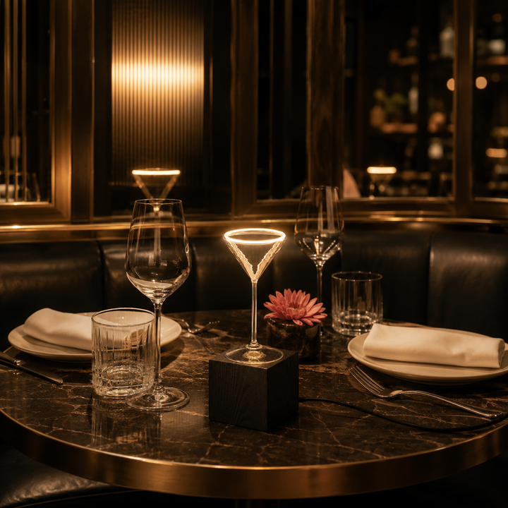 Roma cocktail glass table lamp with warm aura ring glow on a restaurant dining table in a luxury hospitality setting
