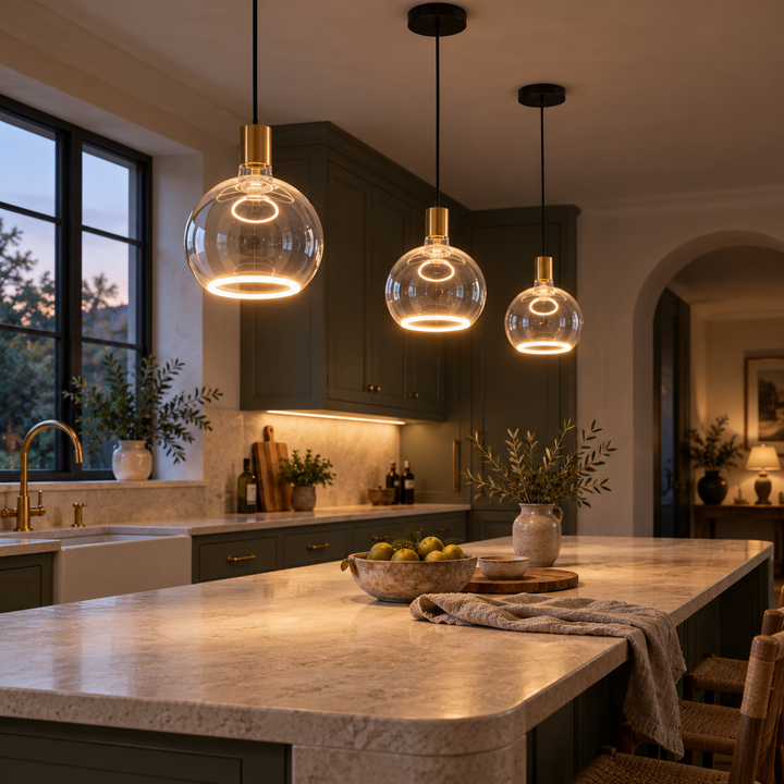 Three Roma gold and clear glass pendant lights with glowing halo rings above a pale stone island in an olive green kitchen at dusk.