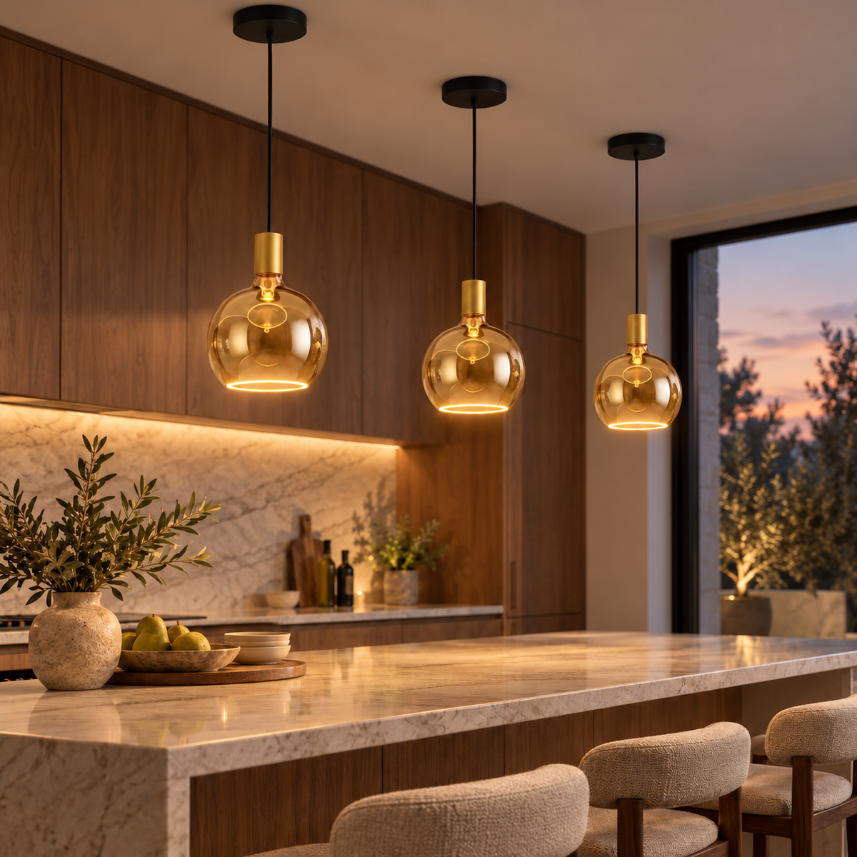 Three Roma gold and smoked glass pendant lights with glowing halo rings above a stone kitchen island in a walnut kitchen at dusk.