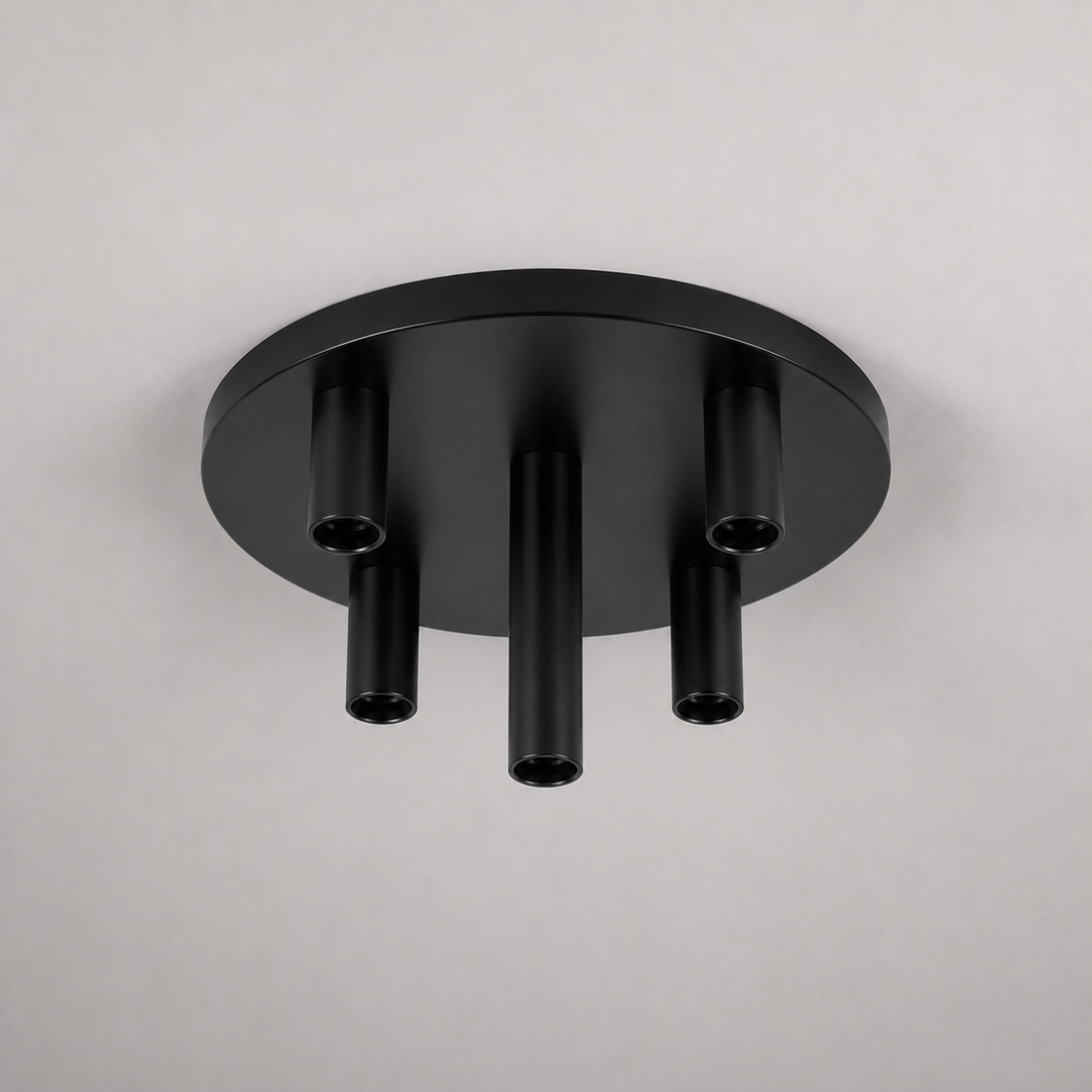 Roma large flush ceiling light all black frame only with five empty E27 holders in a square product hero image.