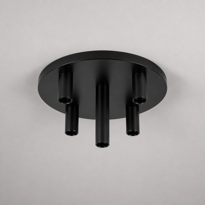 Roma large flush ceiling light all black frame only with five empty E27 holders in a square product hero image.