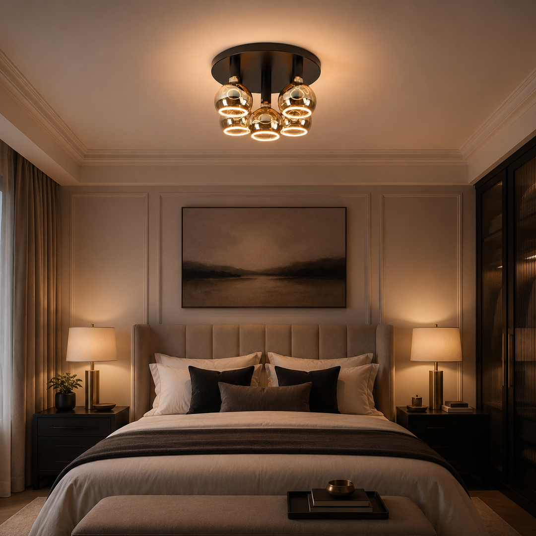 Roma large flush ceiling light with all black frame and smoked Roma Aura bulbs in a luxury bedroom setting.