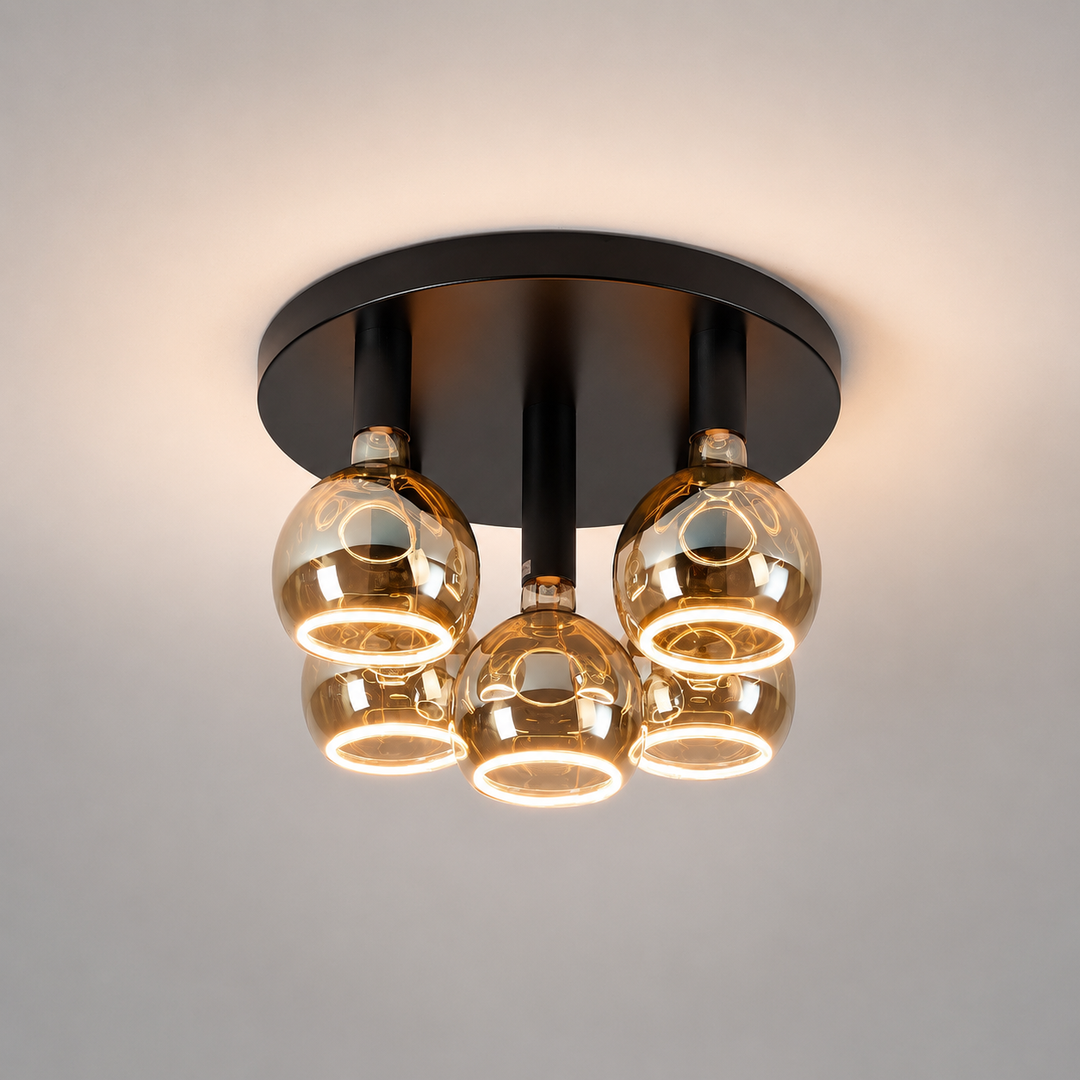Roma large flush ceiling light with all black frame and smoked Roma Aura bulbs in a luxury square hero image.