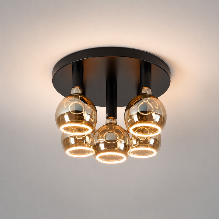 Roma large flush ceiling light with all black frame and smoked Roma Aura bulbs in a luxury square hero image.