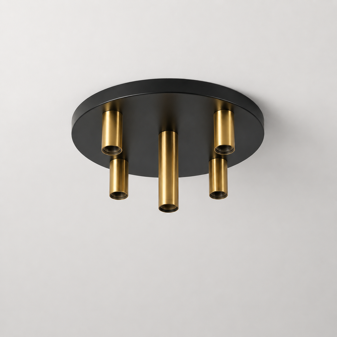 Roma large flush ceiling light with black ceiling plate and gold empty E27 holders in a square frame only product hero image.