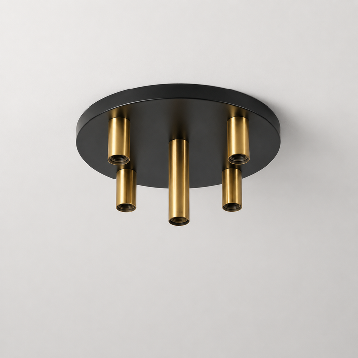 Roma large flush ceiling light with black ceiling plate and gold empty E27 holders in a square frame only product hero image.