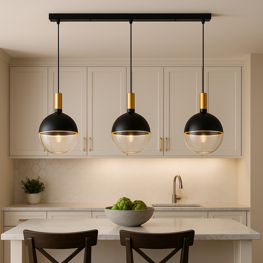 Roma Luxe pendant bar black and gold above marble kitchen island