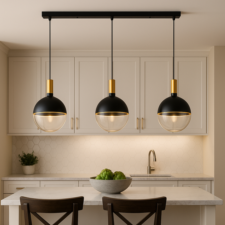 Roma Luxe pendant bar black and gold above marble kitchen island