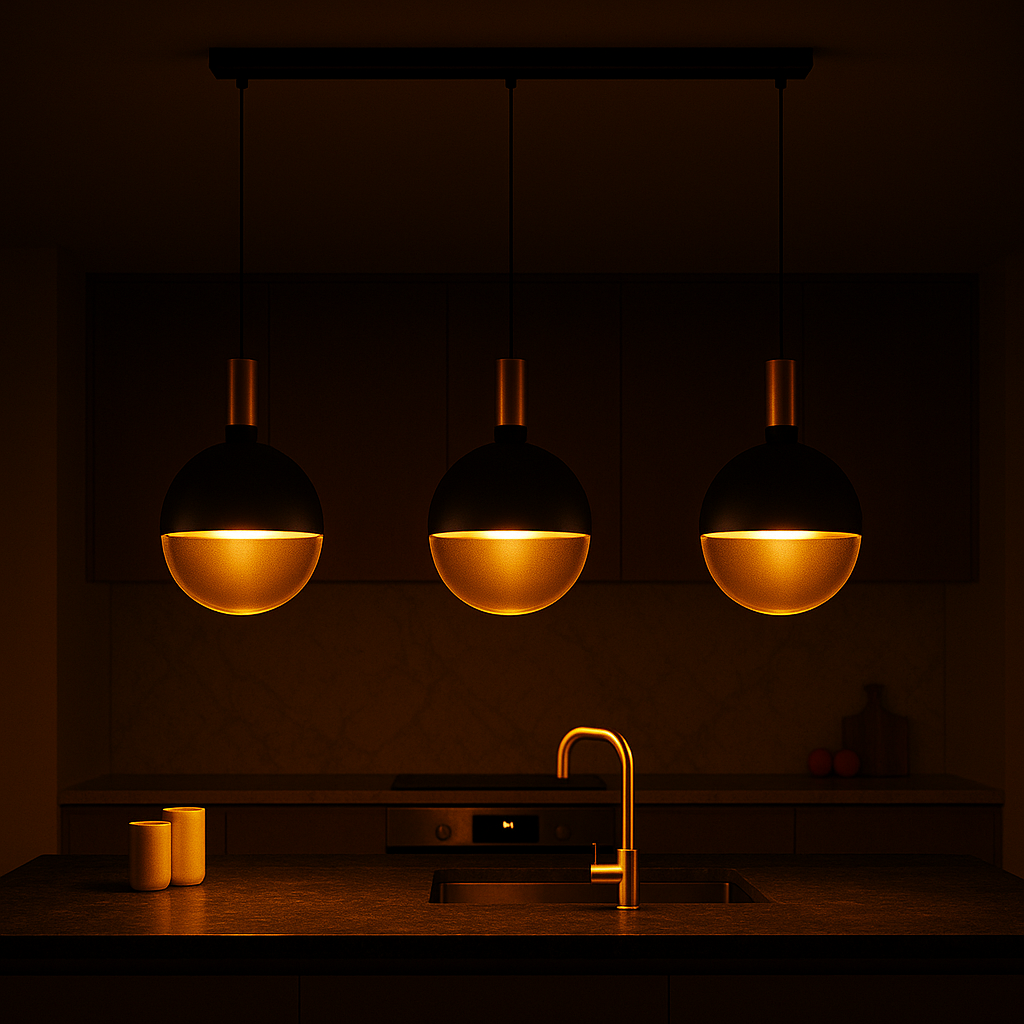 Roma Luxe pendant bar glowing at 1900k above kitchen island