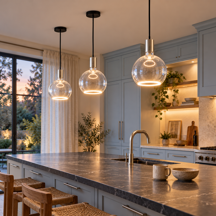 Three Roma matt nickel and clear glass halo pendant lights above a dark stone island in a pale blue kitchen at dusk.