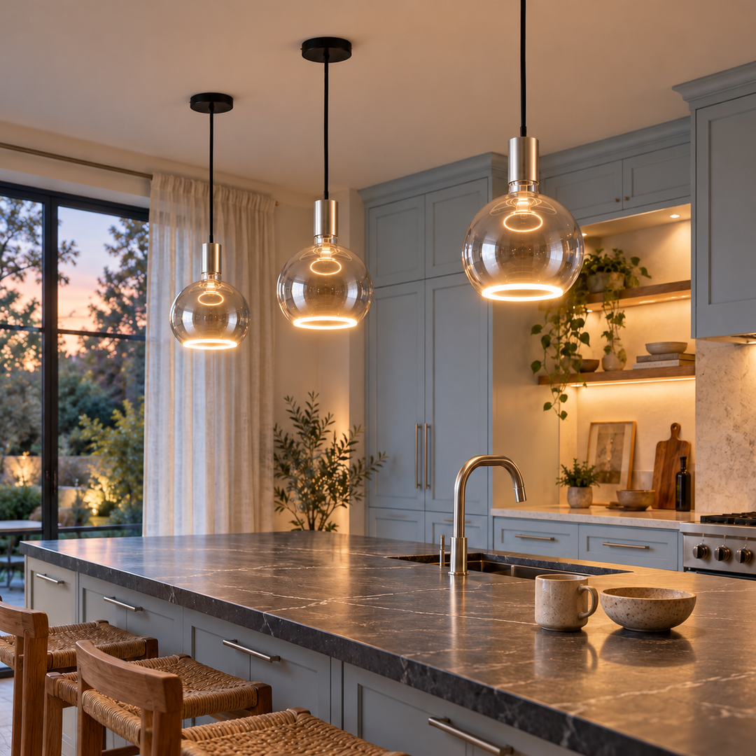 Three Roma matt nickel and smoked glass halo pendant lights above a dark stone island in a pale blue kitchen at dusk.