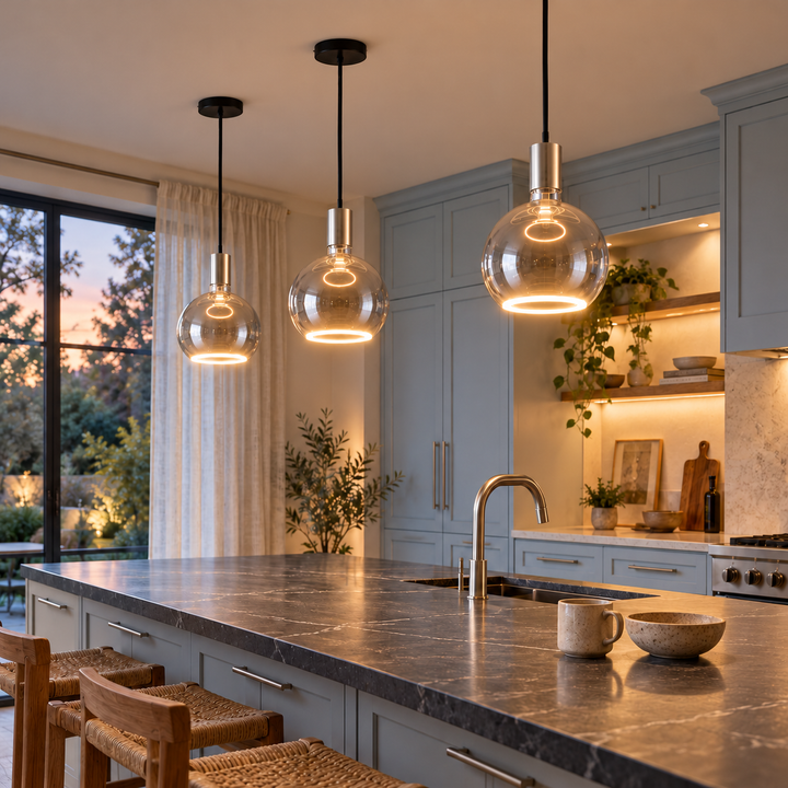 Three Roma matt nickel and smoked glass halo pendant lights above a dark stone island in a pale blue kitchen at dusk.