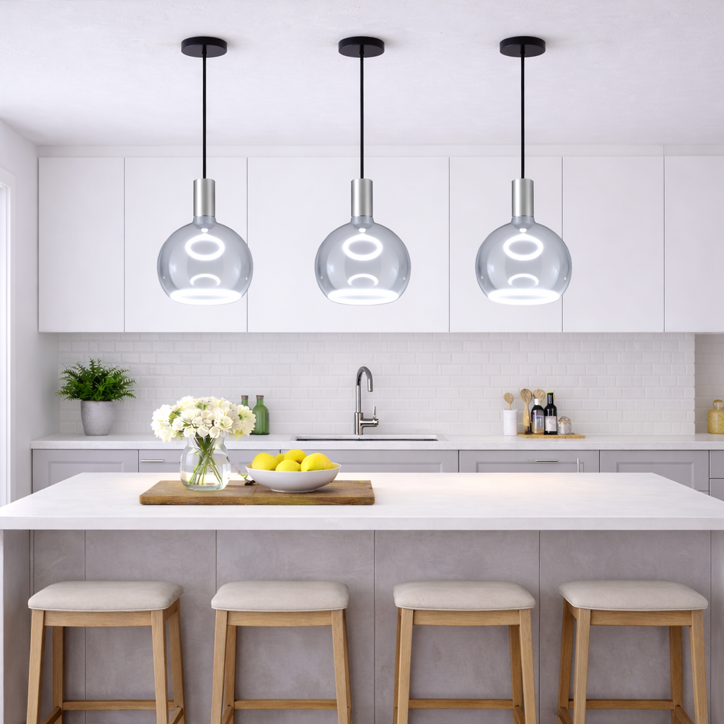 Roma pendant brushed silver 4000K kitchen island stools