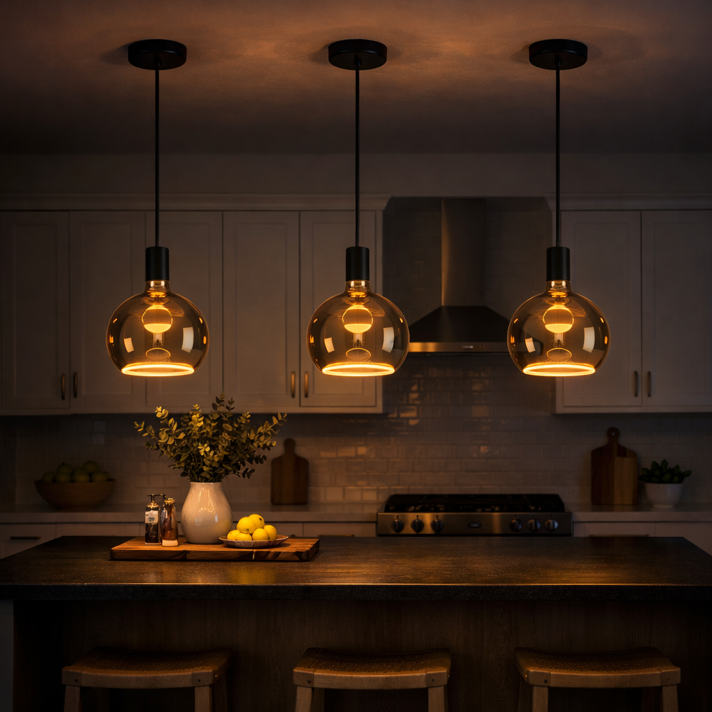 Roma black pendant smoked bulb over kitchen island
