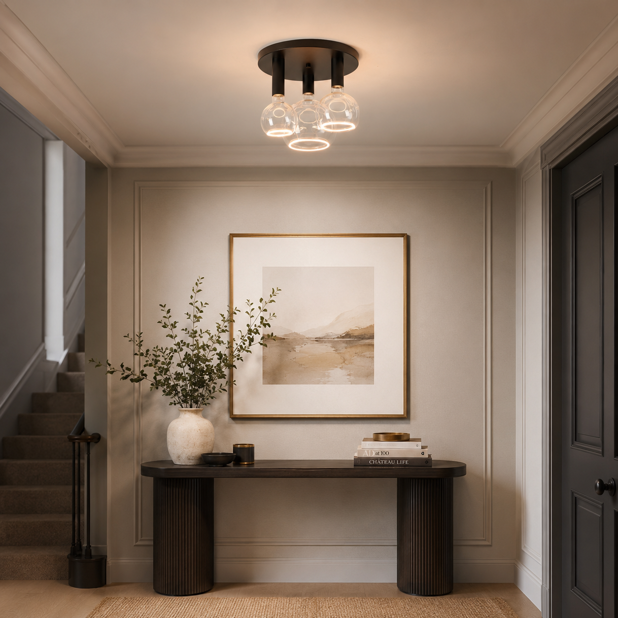 Roma small 3 light flush ceiling light with all black frame and clear Roma Aura bulbs in a luxury hallway setting.