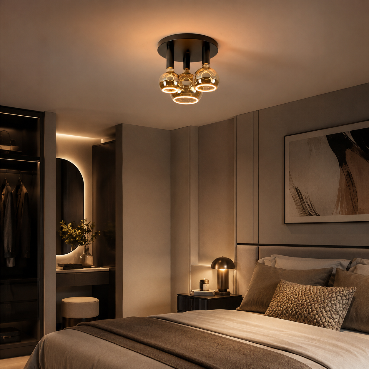 Roma small 3 light flush ceiling light with all black frame and smoked Roma Aura bulbs in a warm luxury bedroom setting.