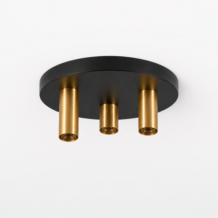 Roma small 3 light flush ceiling light with black ceiling plate and gold empty E27 holders in a square frame only product hero image.