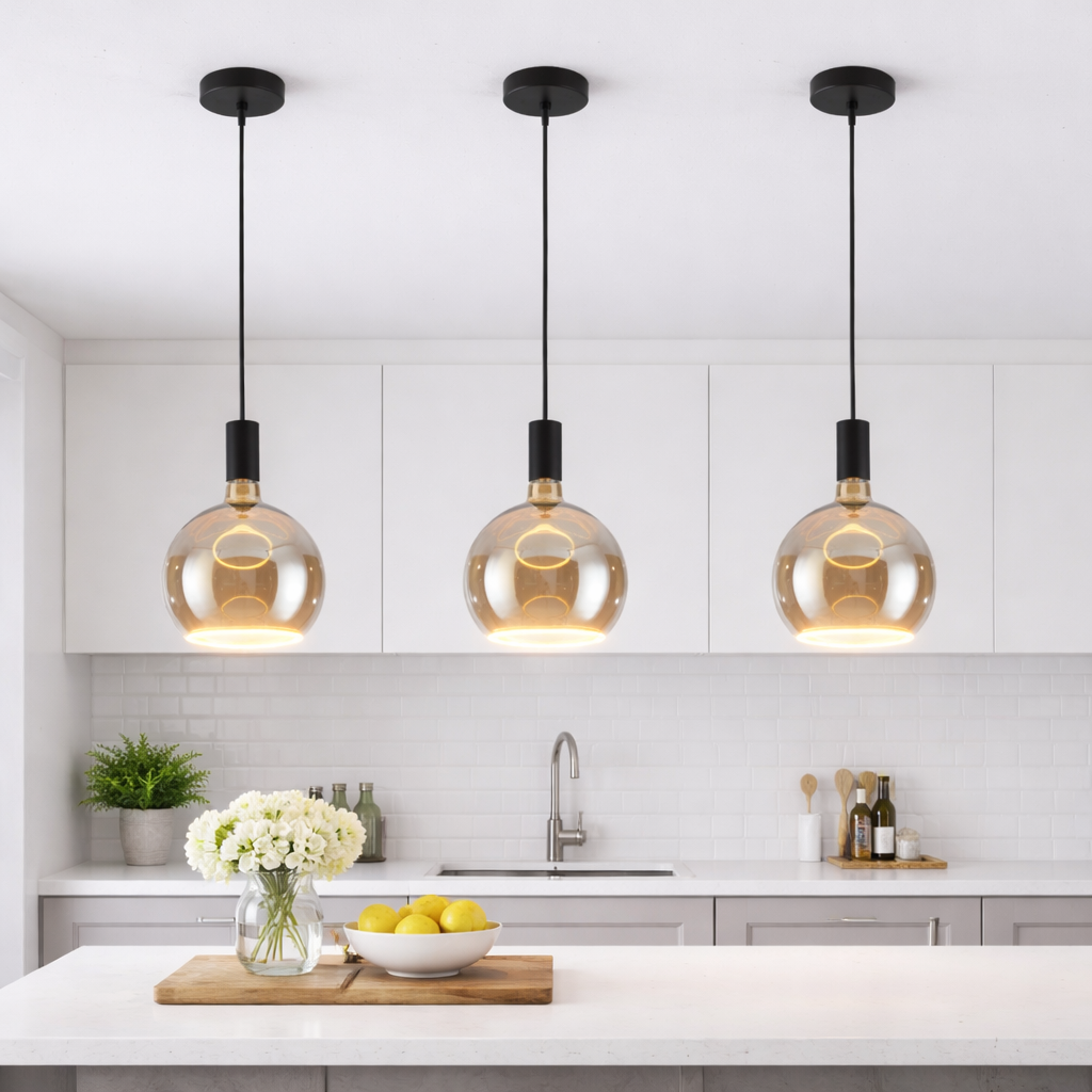 three smoked glass pendant lights over kitchen island