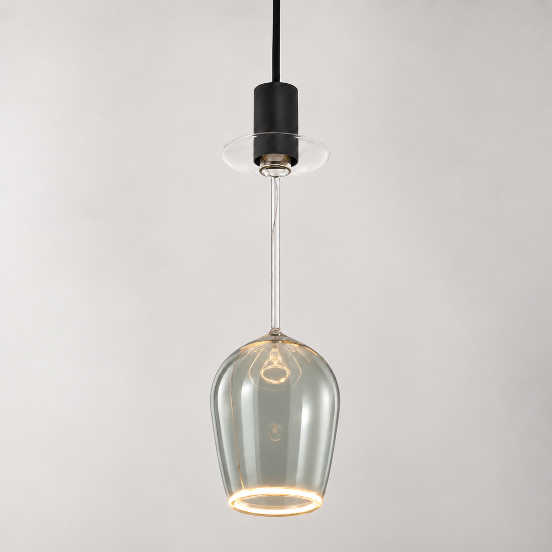 Roma smoked wine glass Aura Ring pendant light with black cap, lightly tinted glass and warm 2200K illuminated rim