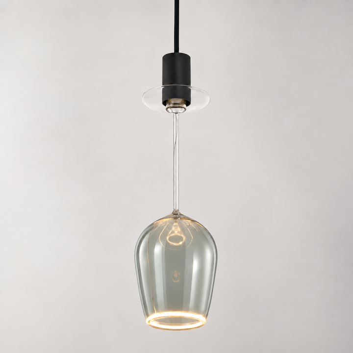 Roma smoked wine glass Aura Ring pendant light with black cap, lightly tinted glass and warm 2200K illuminated rim