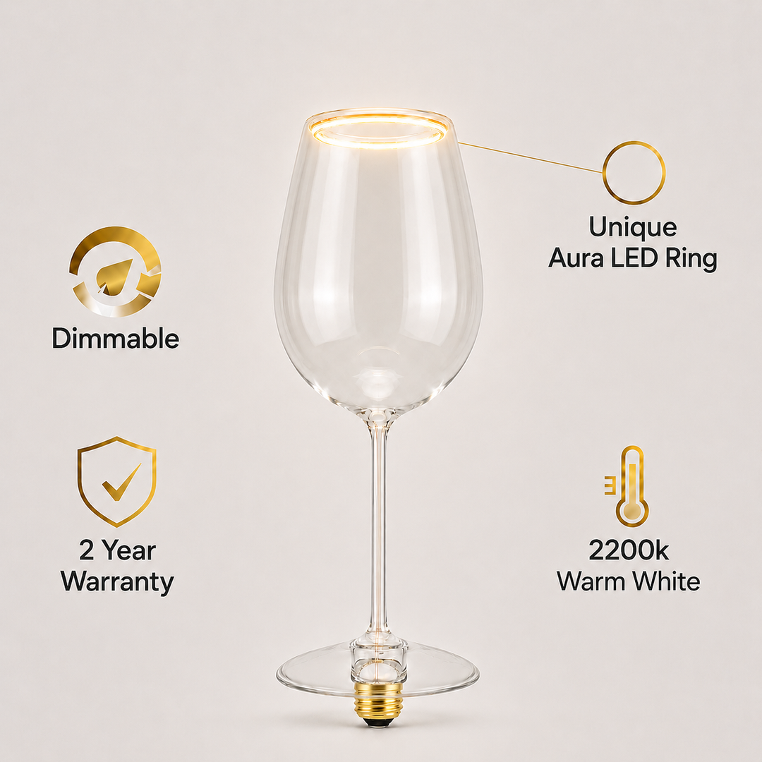 Roma wine glass Aura Ring LED bulb infographic showing dimmable function, 2 year warranty, 2200K warm white glow and unique Aura LED ring