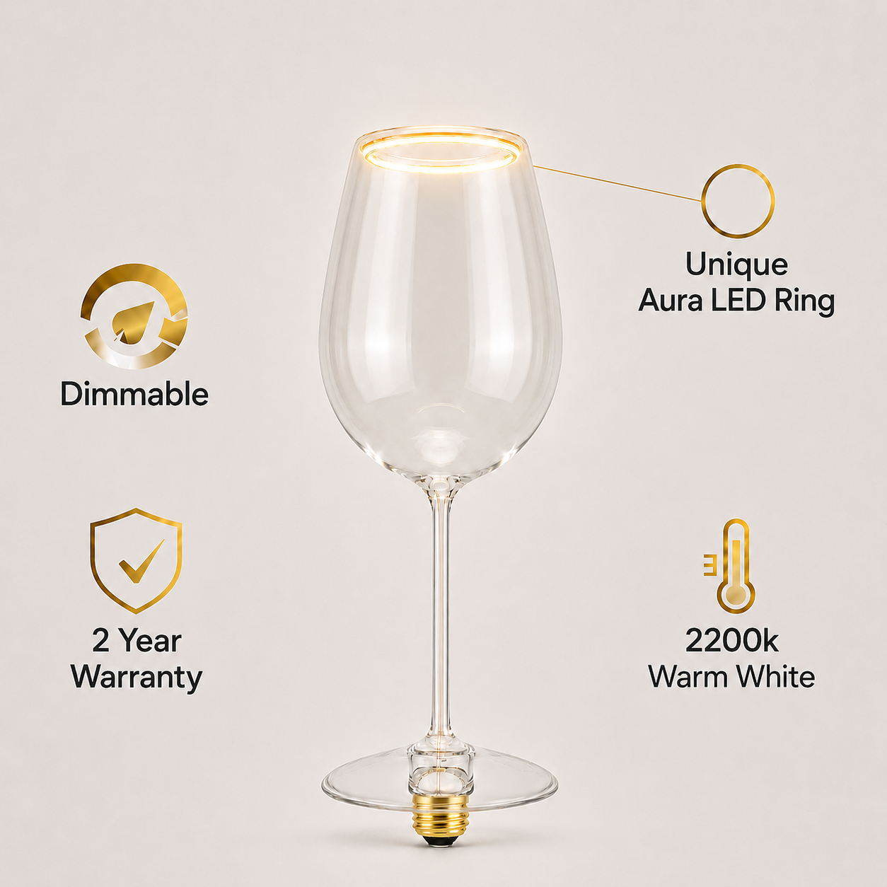 Roma wine glass Aura Ring LED bulb infographic showing dimmable function, 2 year warranty, 2200K warm white glow and unique Aura LED ring