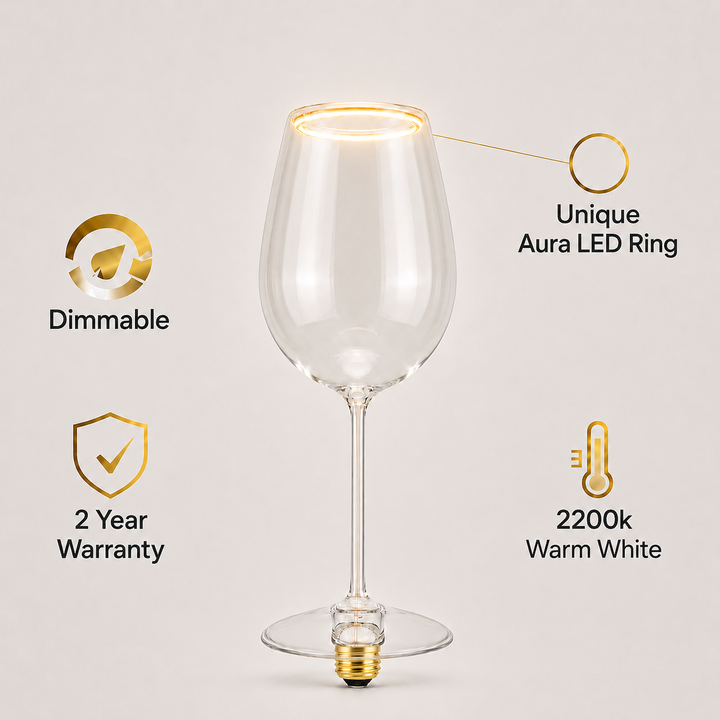 Roma wine glass Aura Ring LED bulb infographic showing dimmable function, 2 year warranty, 2200K warm white glow and unique Aura LED ring