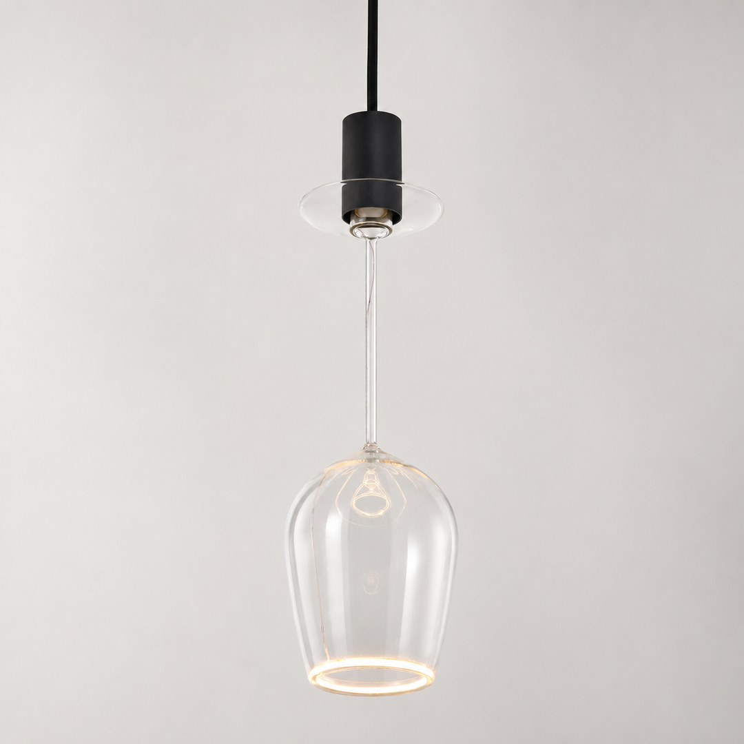 Roma wine glass Aura Ring pendant light with black suspension, clear glass bulb and warm 2200K illuminated ring.
