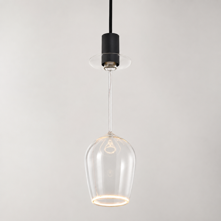 Roma wine glass Aura Ring pendant light with black suspension, clear glass bulb and warm 2200K illuminated ring.