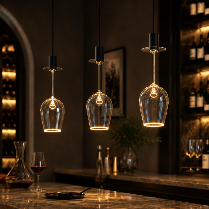 Roma wine glass Aura Ring pendant lights with black suspensions hanging above a luxury wine bar with warm ambient lighting.