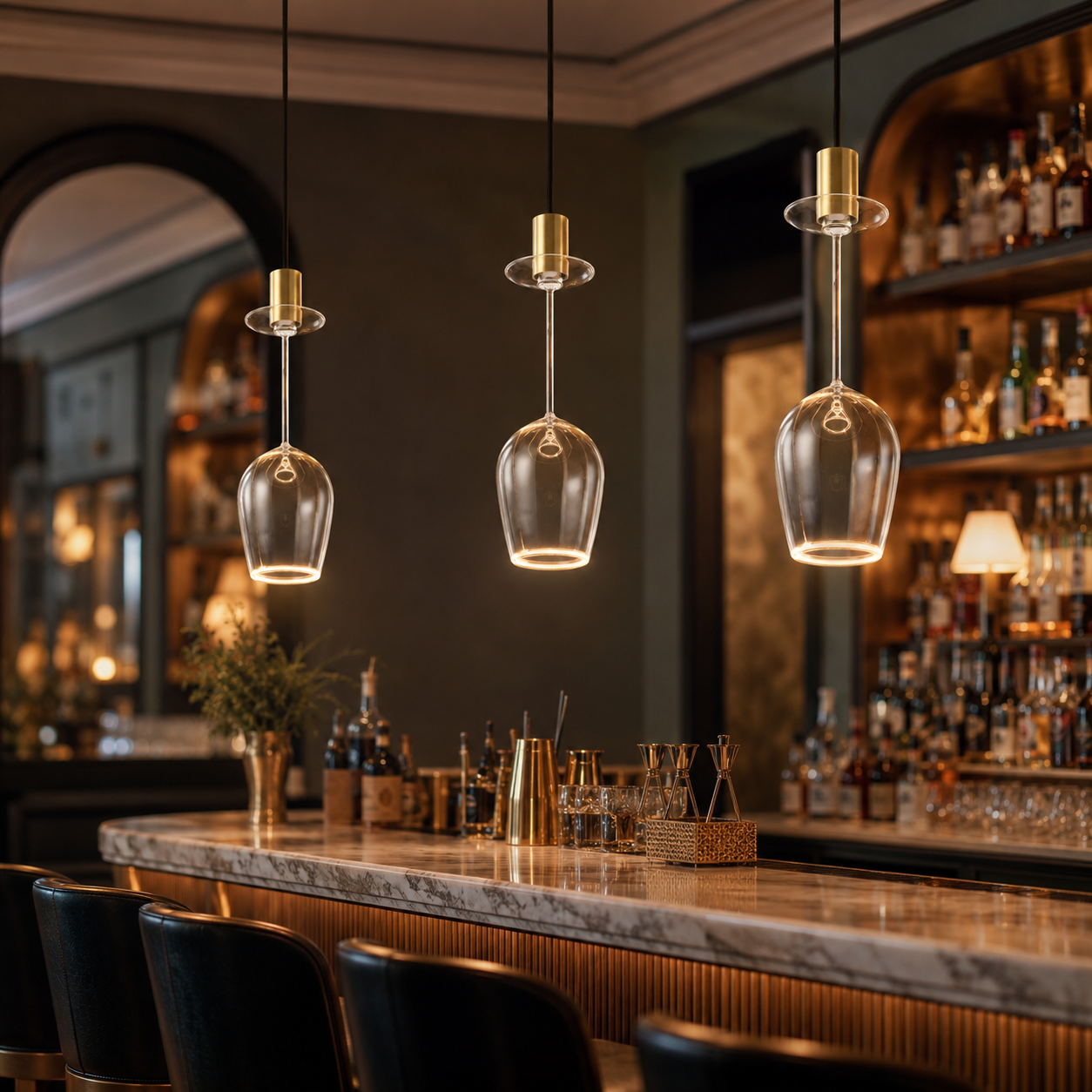 Roma wine glass Aura Ring pendant lights with gold caps hanging above a luxury bar with warm 2200K ambient lighting.