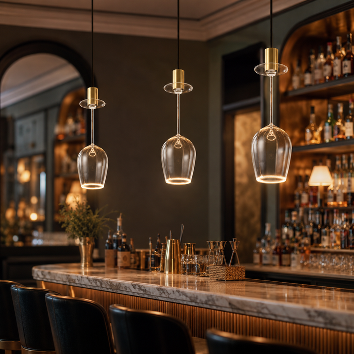 Roma wine glass Aura Ring pendant lights with gold caps hanging above a luxury bar with warm 2200K ambient lighting.